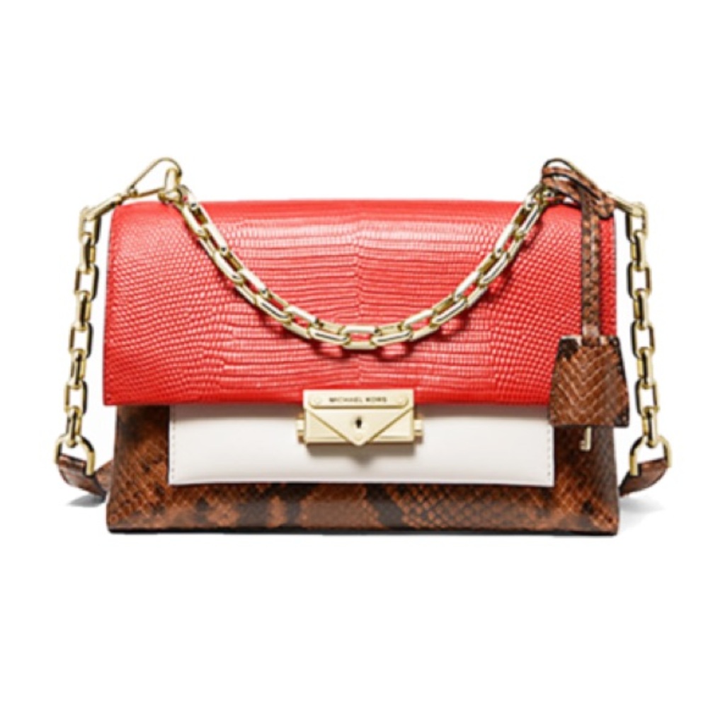 Michael Kors Mk Cece Medium Color-Block Gold Red Embossed Leather Handbag Bag